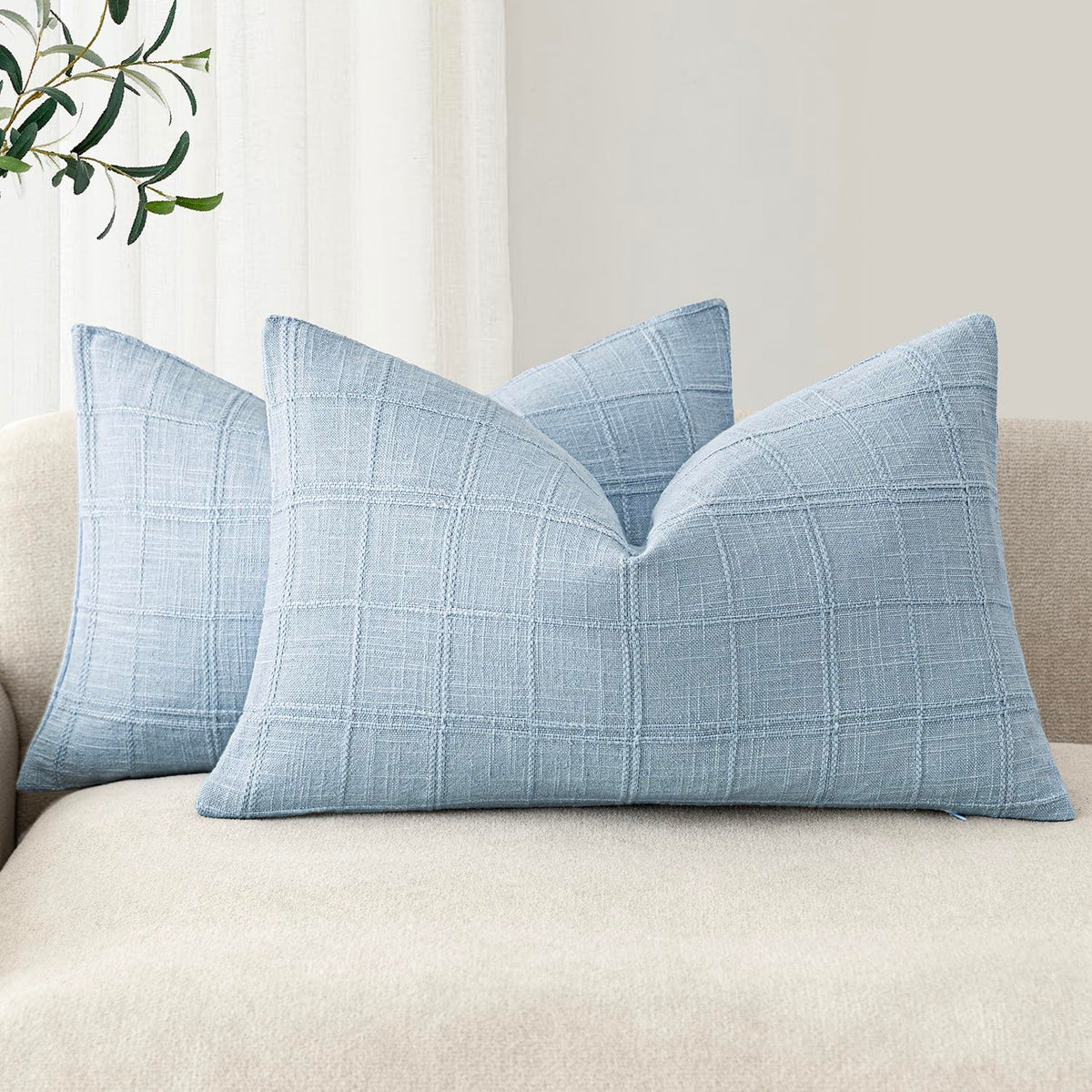 Foindtower Boho Linen Check Decorative Throw Pillow Cover 20×20 Olive Green