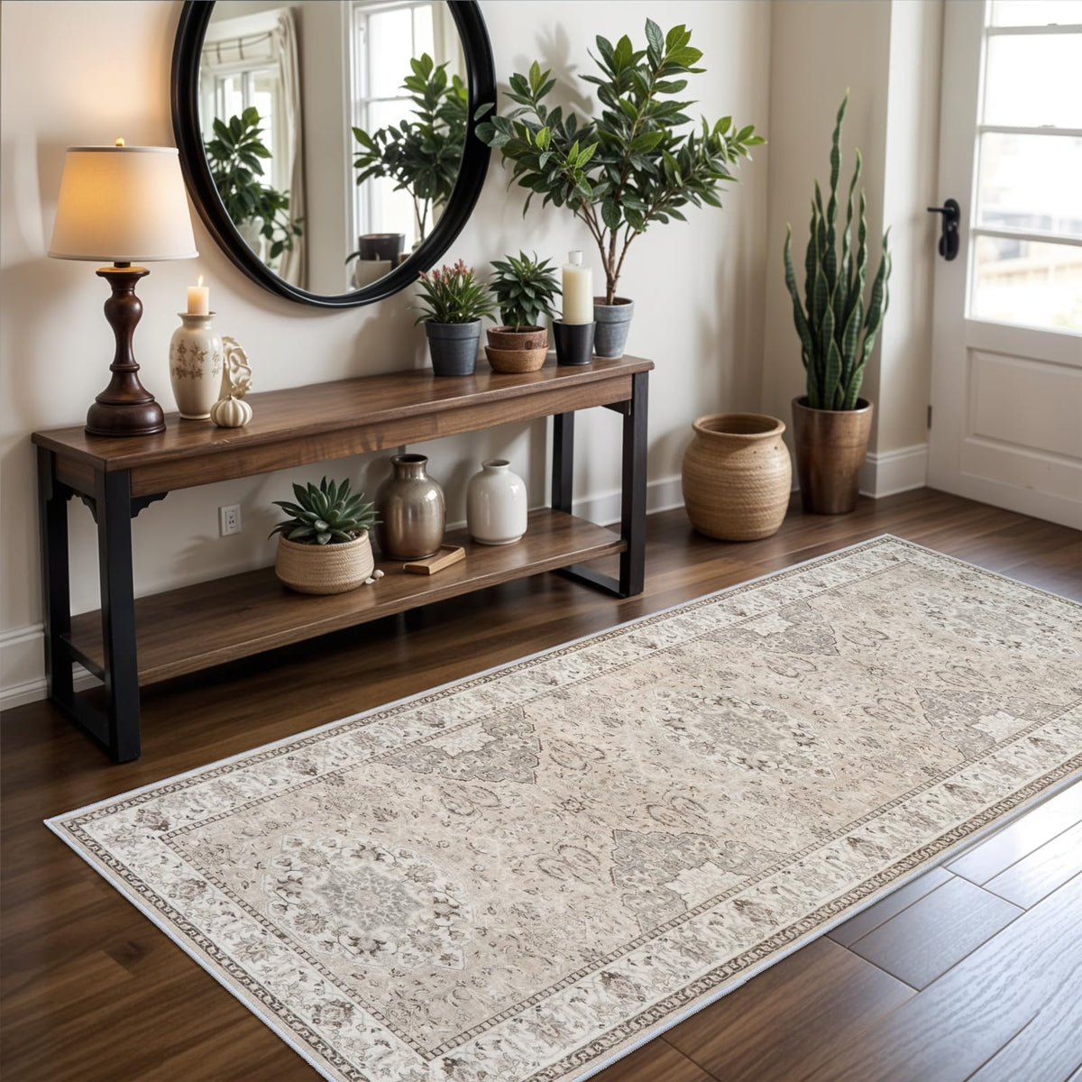 Hallway Washable Runner Rug - 2x10 Kitchen Rugs Entryway Rug Runner Vintage Soft Floor Mat Non Slip Indoor Farmhouse Carpet for Bathroom Living Room Bedroom (2 X 10, Beige)