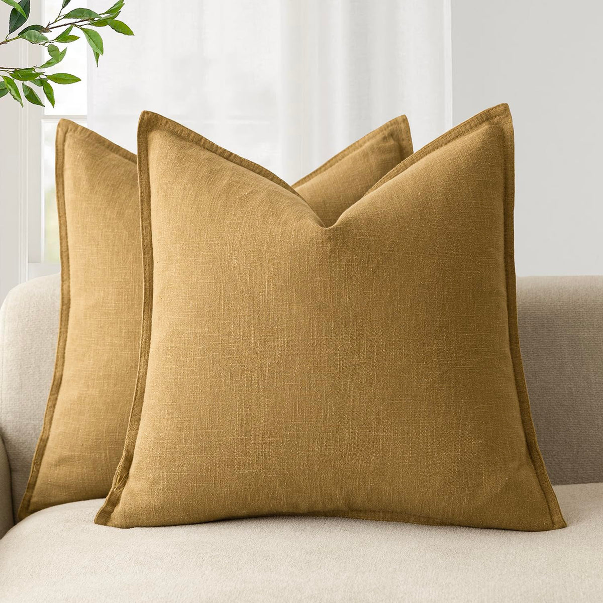 Foindtower Linen Solid Decorative Throw Pillow Covers 18x18 Natural Beige
