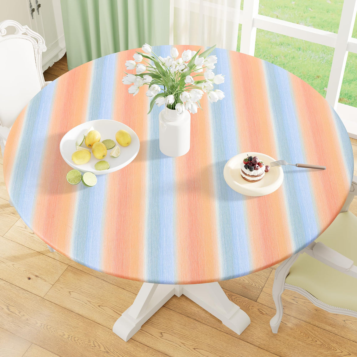 misaya Round Fitted Tablecloth with Elastic Edge, 100% Waterproof Oil Proof Plastic Table Cover, Vinyl Flannel Backed Tablecloth Fits 36"-44" Round Tables for Dinner, Outdoor, Picnic, Flowers