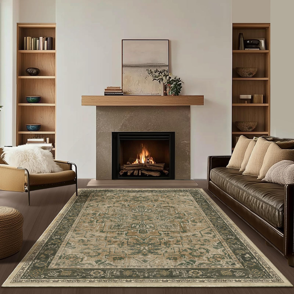 Vintage Dark Green Area Rugs 5x7 for Living Room, Tranditional Distressed Medallion Printed Low Pile Thin Rugs for Bedroom, Non Slip Washable Carpet Rugs for Dining Room/Kitchen/Home Office