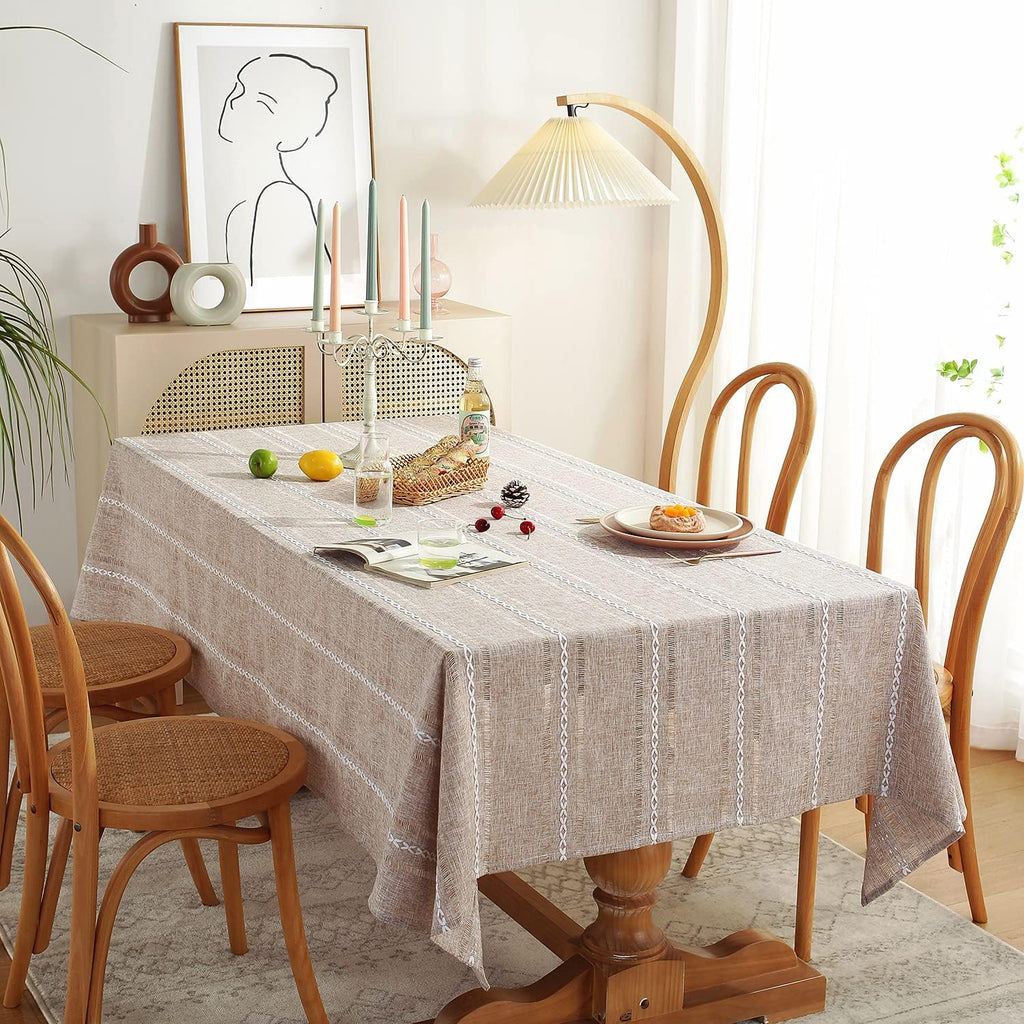 Chassic 60 x 84 inches Farmhouse Style Linen tablecloths, Wrinkle Resistant Washable Dining Room Table Cloths for Rectangle Tables - Hemstitch Light Coffee