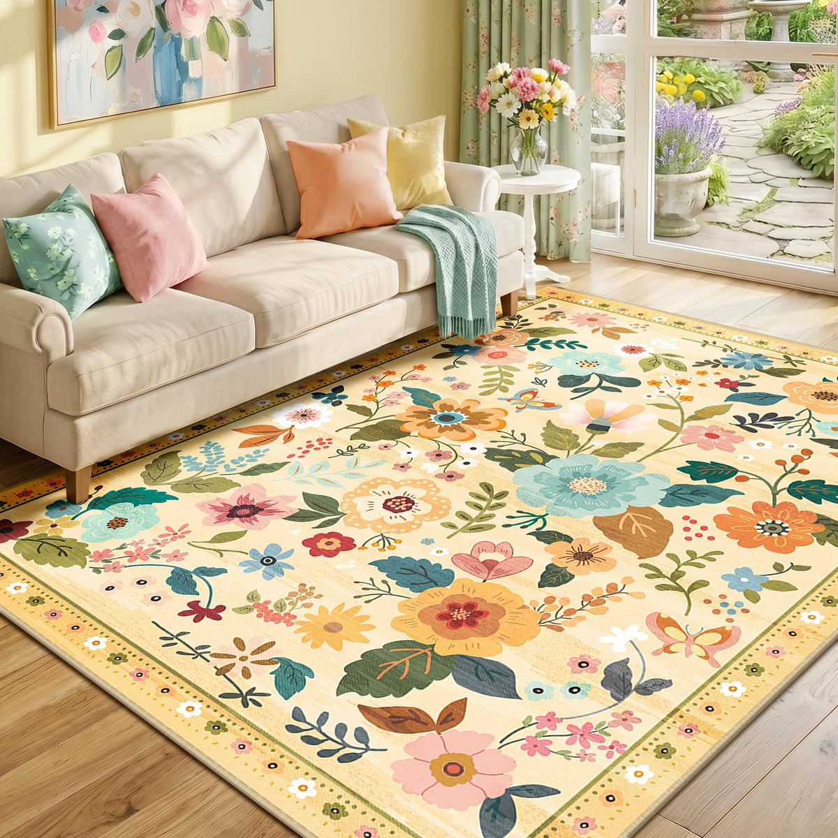 RELEANY Floral Washable 5x7 Area Rugs Black