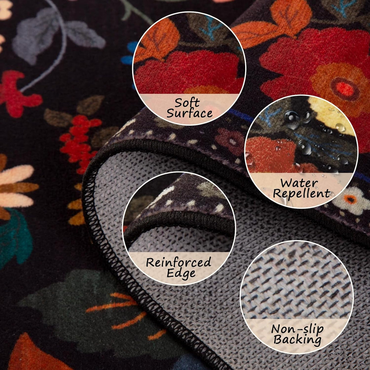 RELEANY Floral Washable 5x7 Area Rugs Black