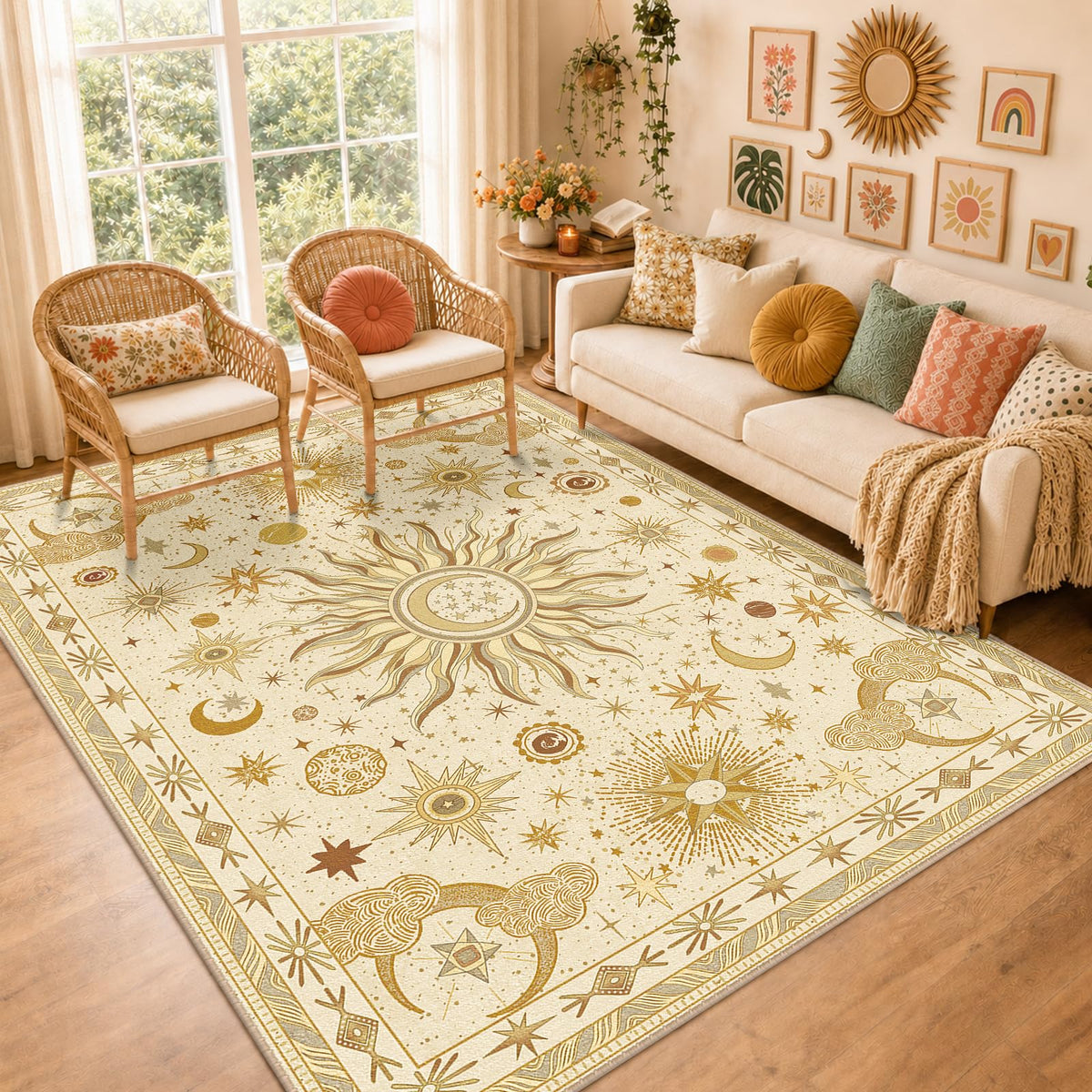 Vacuum-Friendly, 5x7 Washable Area Rug, Black Gold Beige Red
