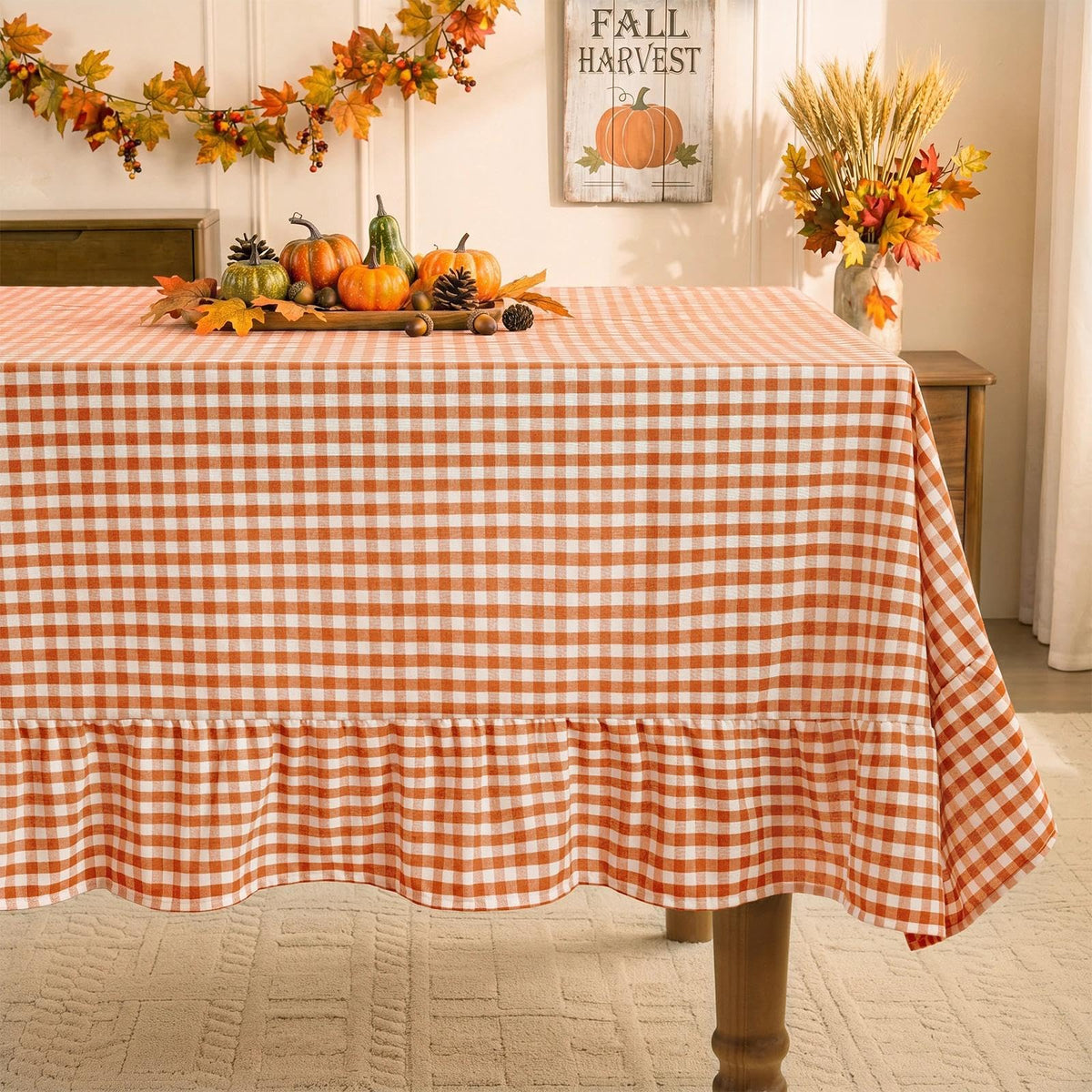 Romanstile Gingham Ruffled Tablecloth Rectangle, 60 x 84 Inch, Sage Green