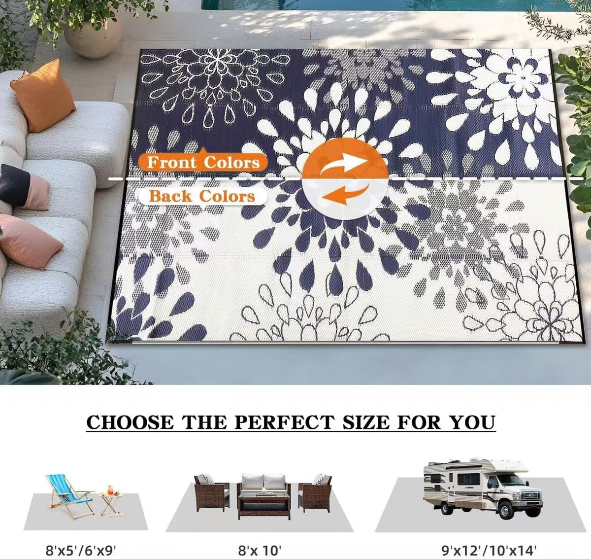 Wallona Outdoor Rug 5x8 ft, Flower Blue & White