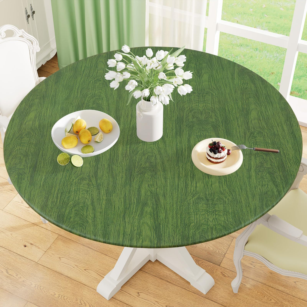 misaya Round Fitted Tablecloth with Elastic Edge, 100% Waterproof Oil Proof Plastic Table Cover, Vinyl Flannel Backed Tablecloth Fits 36"-44" Round Tables for Dinner, Outdoor, Picnic, Flowers