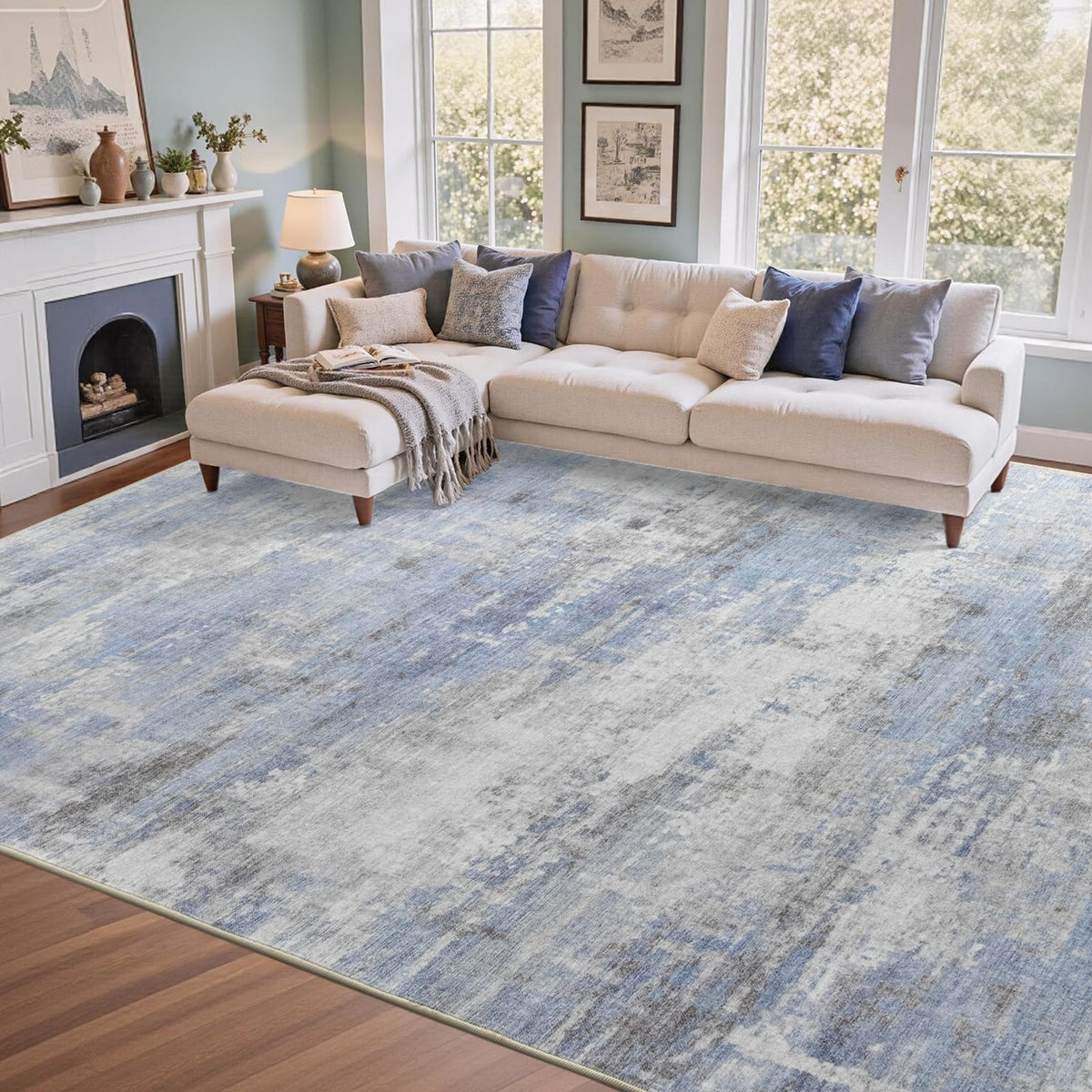 6x9 Ft Large Area Rugs for Living Room, Soft Non-Slip Washable Rugs Modern Abstract Pattern Carpet for Bedroom Indoor Floor Nursery Home Decor (Blue)