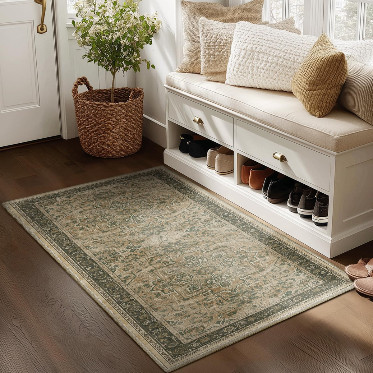 Vintage Dark Green Area Rugs 5x7 for Living Room, Tranditional Distressed Medallion Printed Low Pile Thin Rugs for Bedroom, Non Slip Washable Carpet Rugs for Dining Room/Kitchen/Home Office