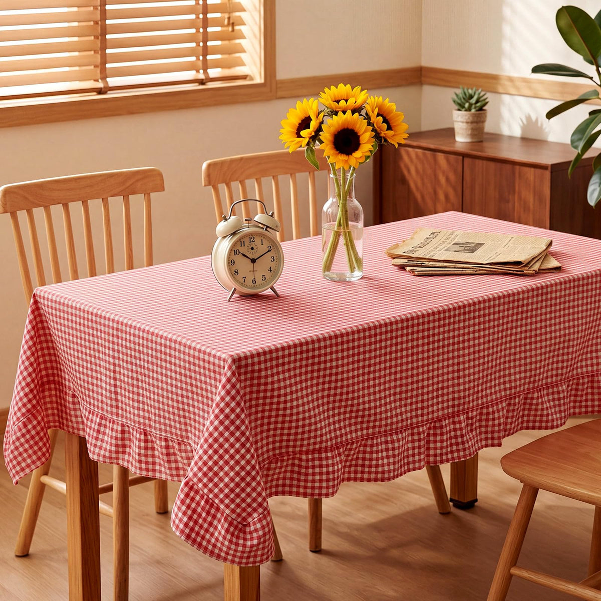 Mindsoft Brown Ruffled Gingham Tablecloth, 52 x 70 Inches, Rectangle