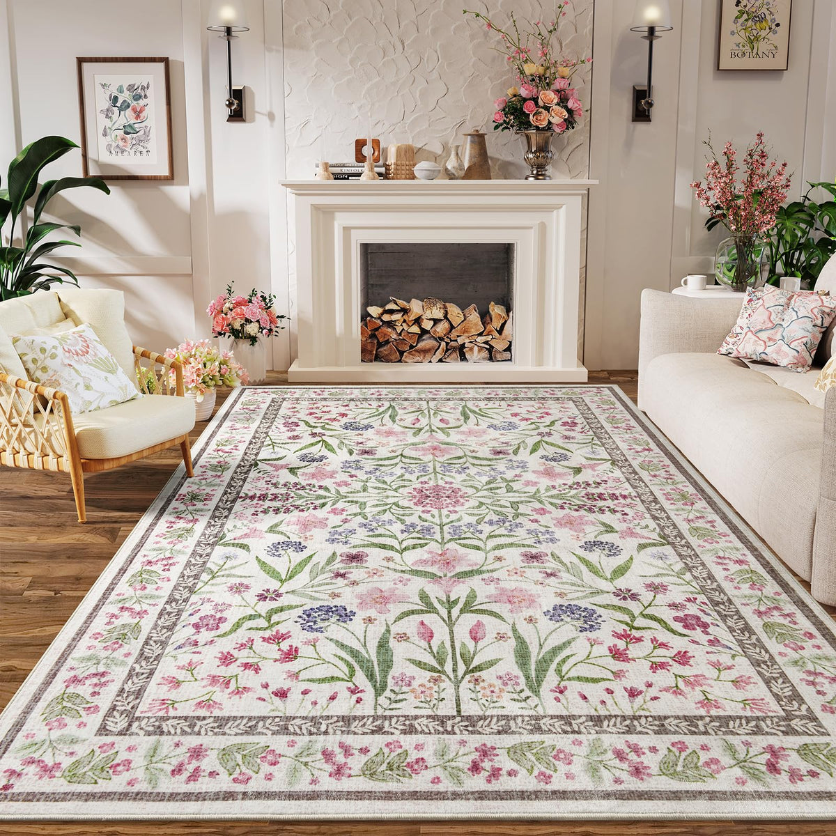 Amearea 6x9 Pink Rugs for Bedroom Girls, Floral Area Rugs for Living Room
