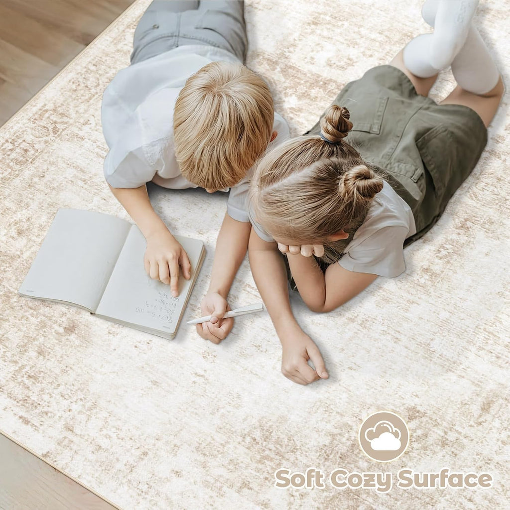 Area Rug 8x10 Washable Rug, Vintage Boho Medallion Rugs Non-Slip Soft Low Pile Large Distressed Rug Indoor Retro Carpet for Living Room Bedroom Dining Room Office Children's Room(Beige, 8'x10')