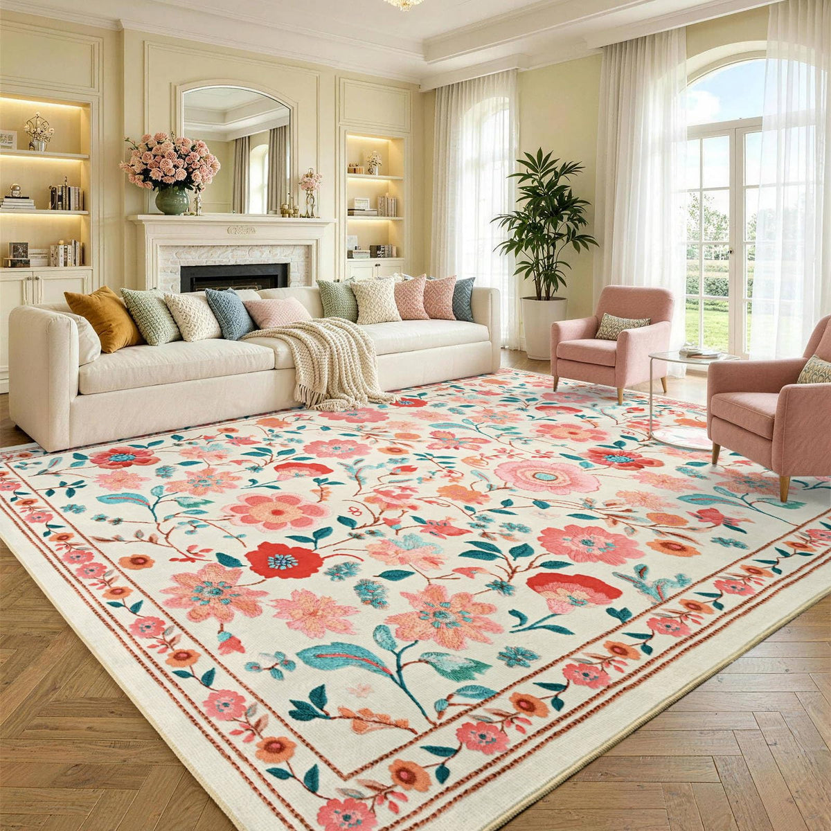 6x9 Ft Large Area Rugs for Living Room, Soft Non-Slip Machine Washable Rug, Vintage Stain Resistant Carpets for Bedroom Nursery Dining Room Home Decor (Beige)