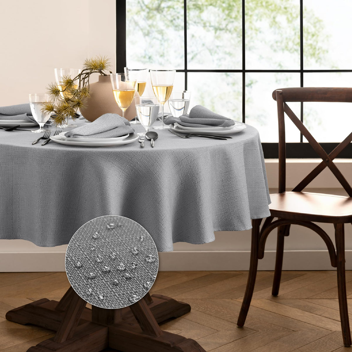 Elrene Home Fashions Laurel Solid Texture Water and Stain Resistant Tablecloth, 90" Round, Gray