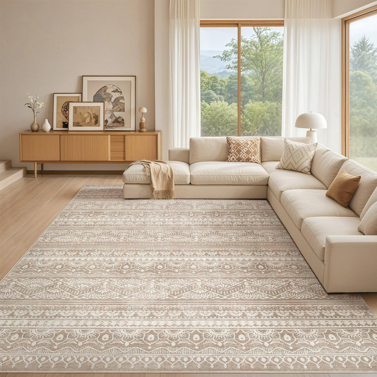 Tortania Area Rug Living Room Rugs - 5x7 Washable Large Soft Neutral Boho Moroccan Bohemian Farmhouse Rug Indoor Floor Carpet for Bedroom Under Dining Table Home Office Decor - Cream Brown