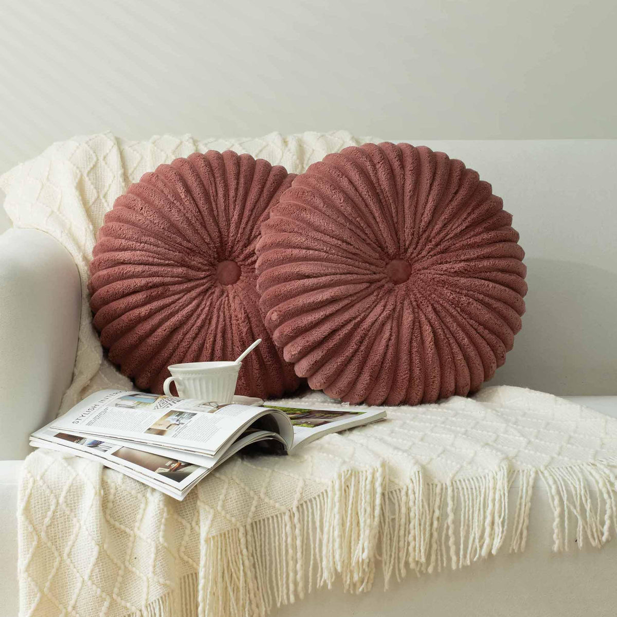 HIG Set of 2 Olive Velvet Decorative Round Pleated Throw Pillows