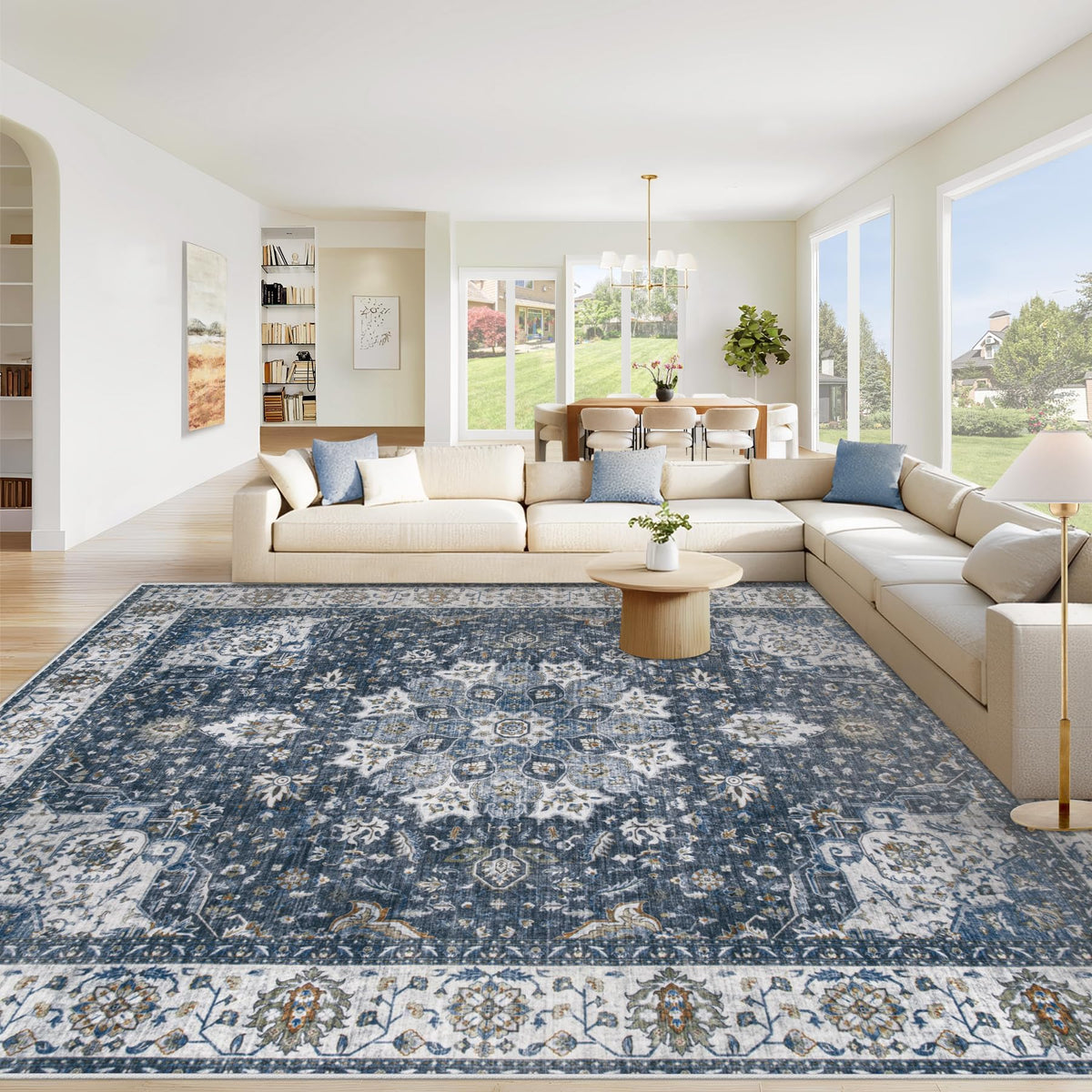Area Rug 8x10 Washable Rug, Vintage Boho Medallion Rugs Non-Slip Soft Low Pile Large Distressed Rug Indoor Retro Carpet for Living Room Bedroom Dining Room Office Children's Room(Beige, 8'x10')