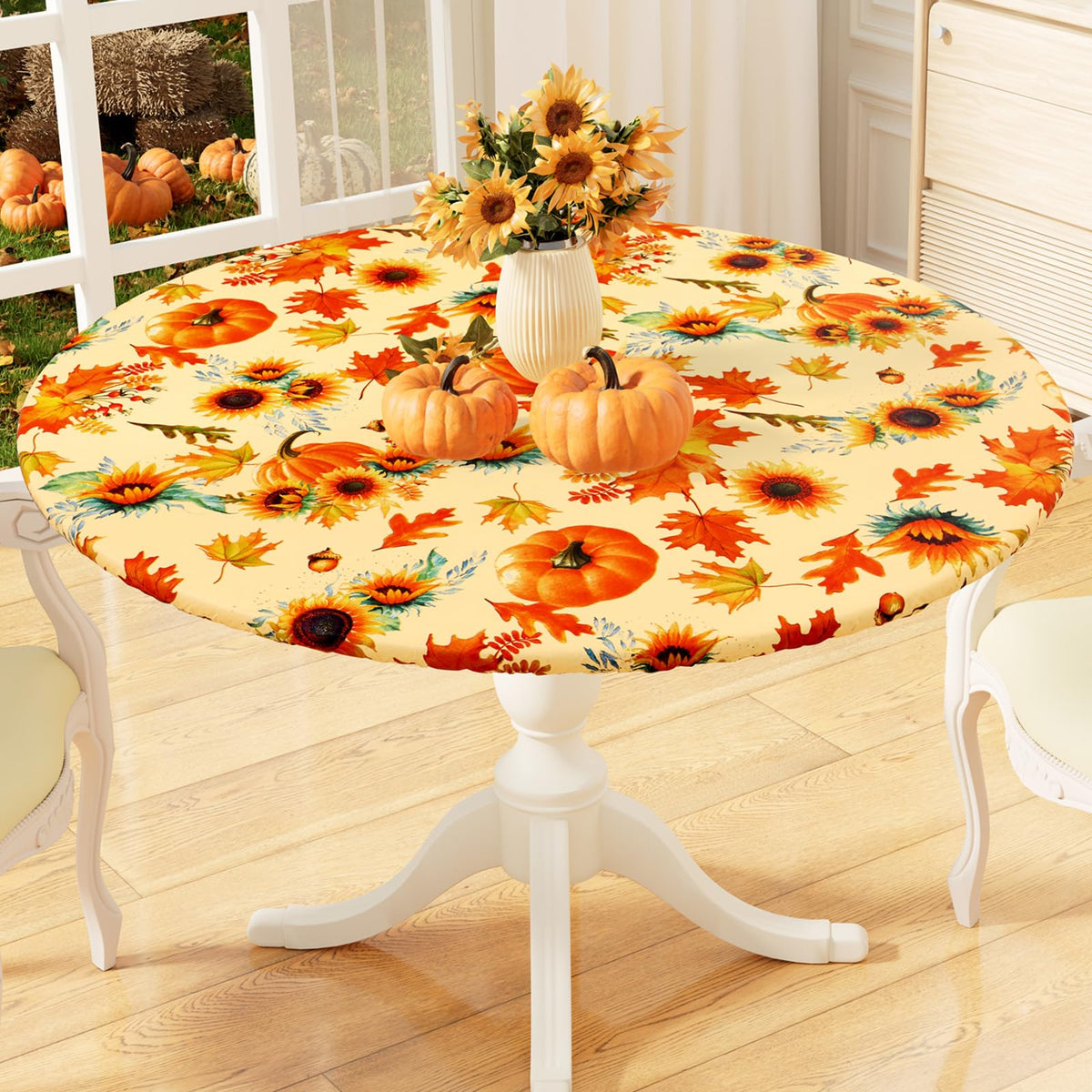 misaya Round Fitted Tablecloth with Elastic Edge, 100% Waterproof Oil Proof Plastic Table Cover, Vinyl Flannel Backed Tablecloth Fits 36"-44" Round Tables for Dinner, Outdoor, Picnic, Flowers