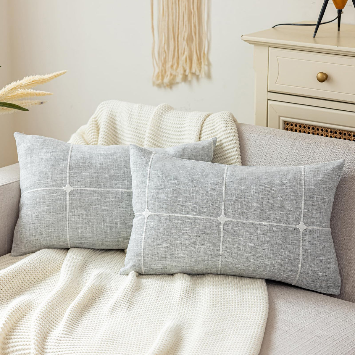 vctops Rustic Lattice Cotton Linen Decorative Throw Pillow Cover Embroidery Square Cushion Cover Pillowcase for Sofa Bedroom Couch (Plaid Coffee,18"x18")