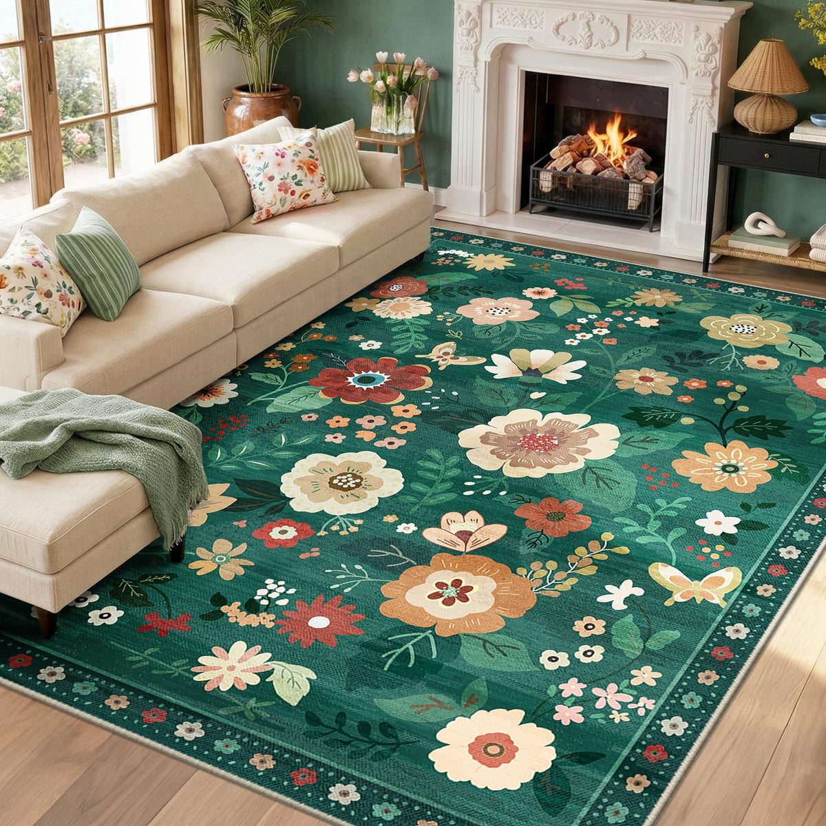 RELEANY Floral Washable 5x7 Area Rugs Black