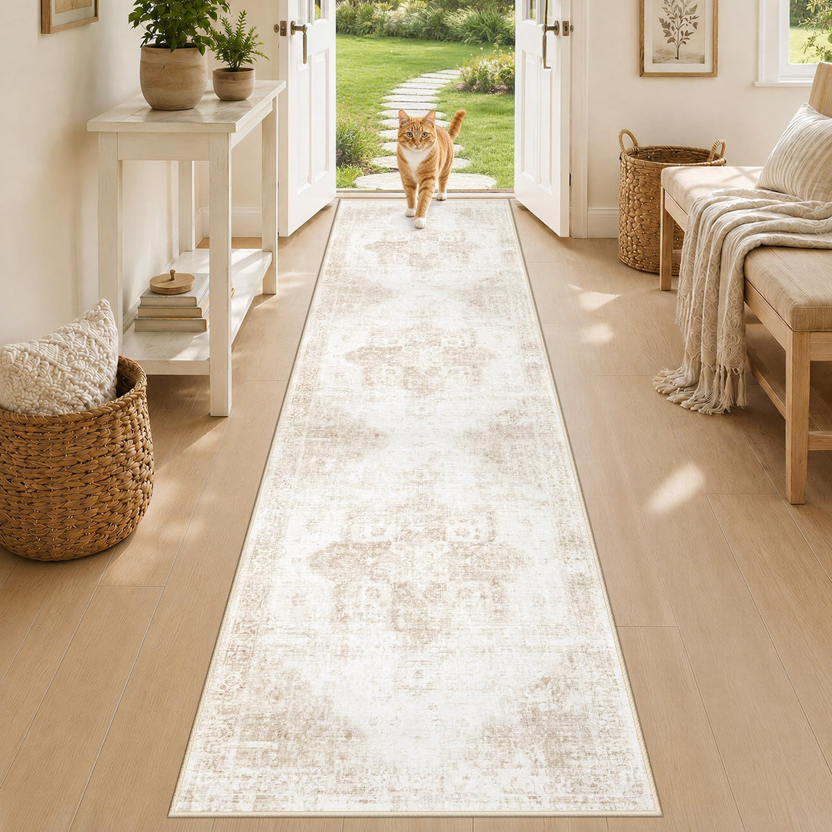Area Rug 8x10 Washable Rug, Vintage Boho Medallion Rugs Non-Slip Soft Low Pile Large Distressed Rug Indoor Retro Carpet for Living Room Bedroom Dining Room Office Children's Room(Beige, 8'x10')