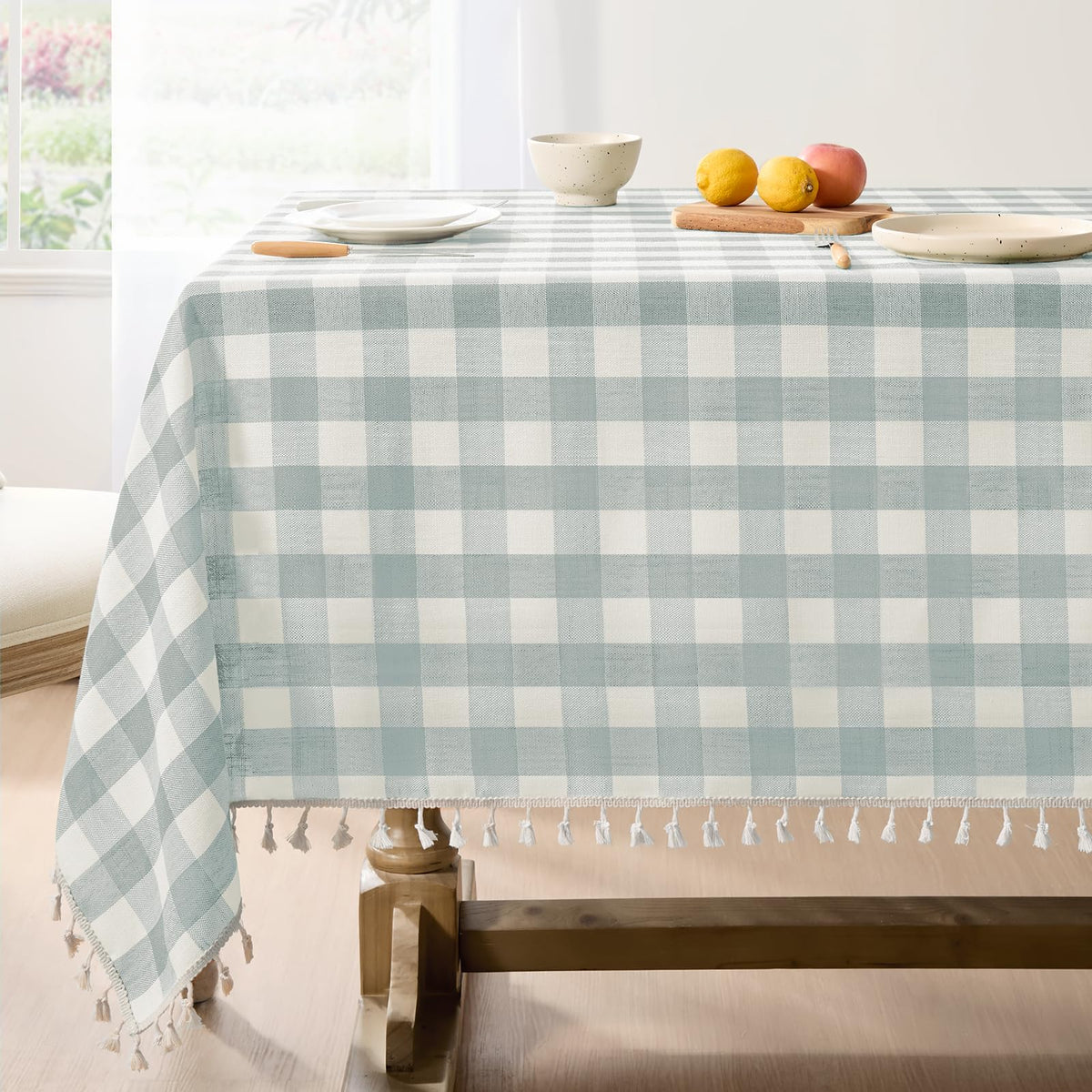 Softalker Gingham Rectangle Tablecloth with Tassel, Sage Green, 55" x 84"