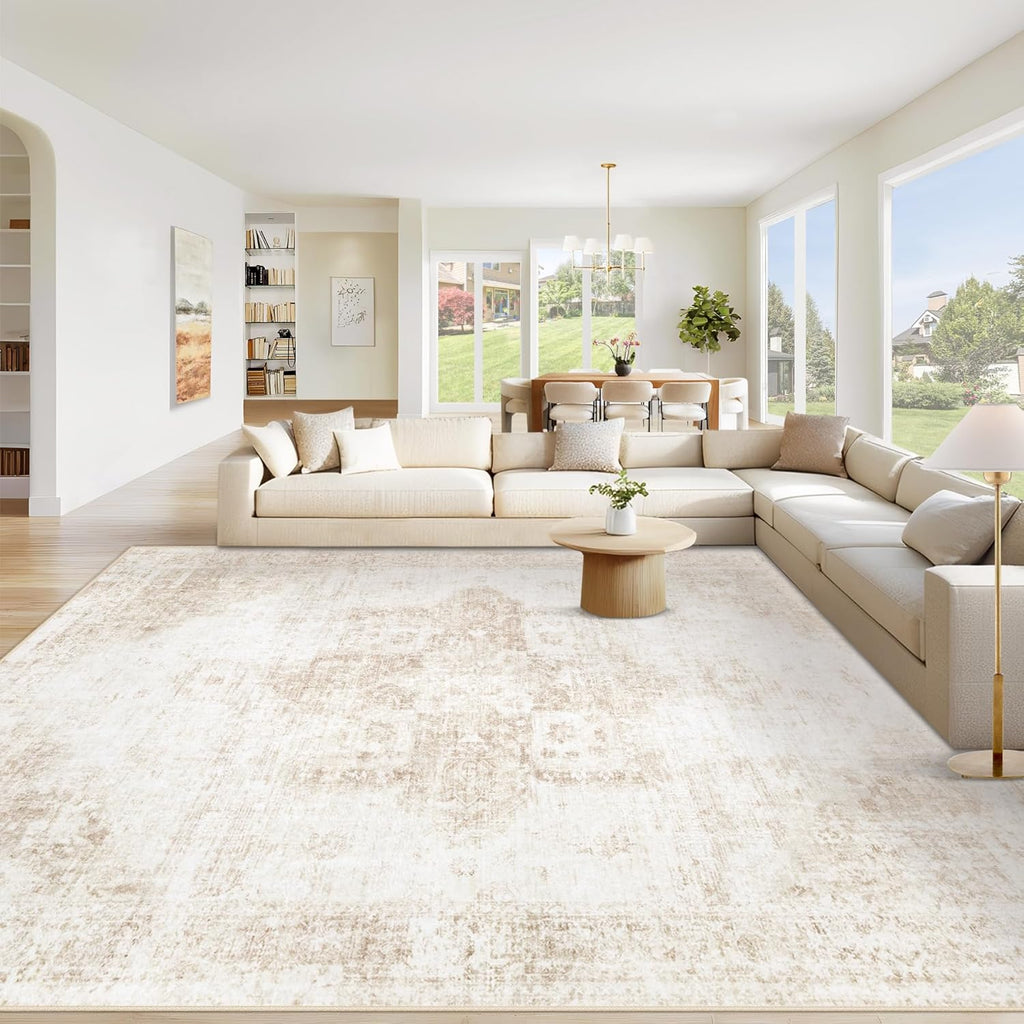 Area Rug 8x10 Washable Rug, Vintage Boho Medallion Rugs Non-Slip Soft Low Pile Large Distressed Rug Indoor Retro Carpet for Living Room Bedroom Dining Room Office Children's Room(Beige, 8'x10')