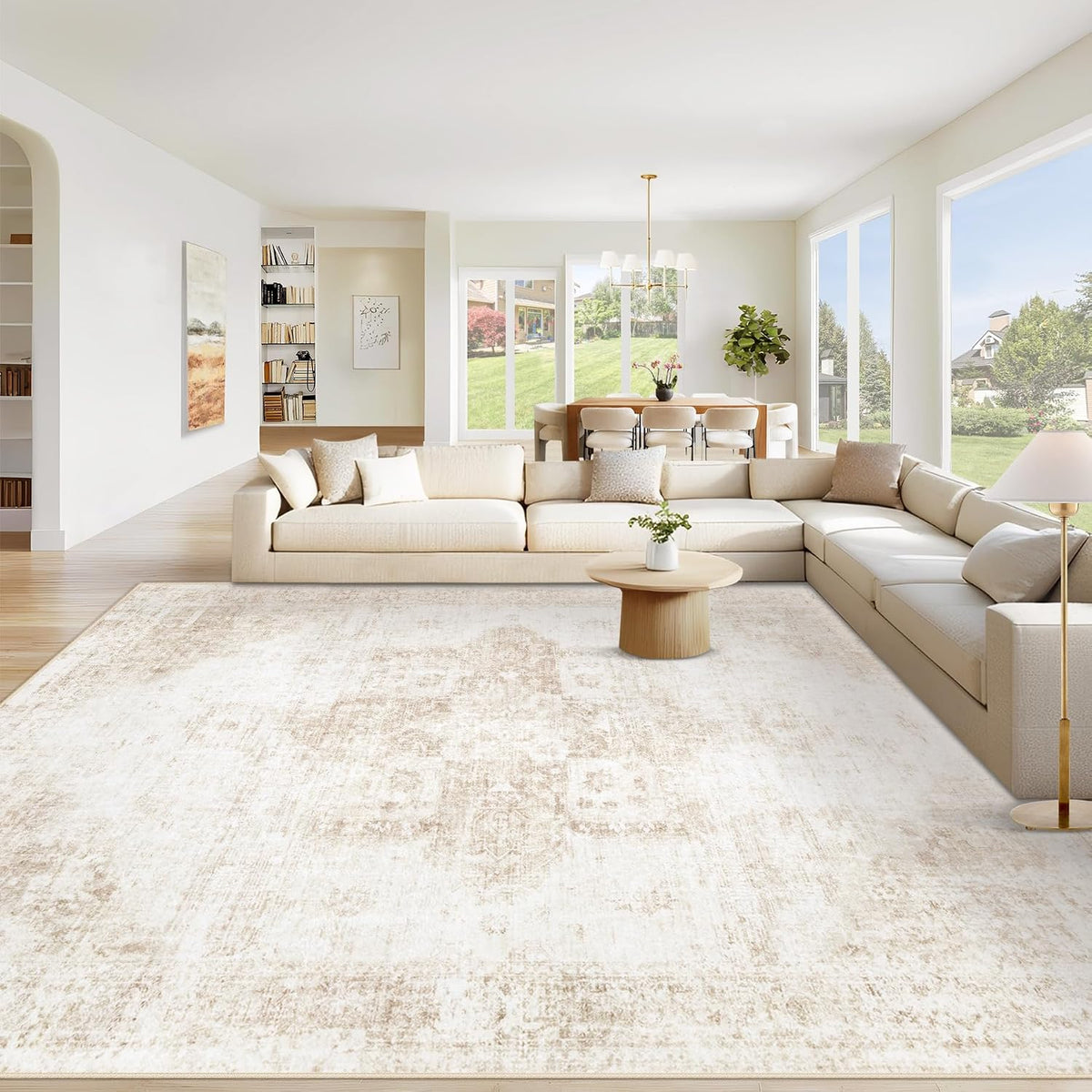 Area Rug 8x10 Washable Rug, Vintage Boho Medallion Rugs Non-Slip Soft Low Pile Large Distressed Rug Indoor Retro Carpet for Living Room Bedroom Dining Room Office Children's Room(Beige, 8'x10')