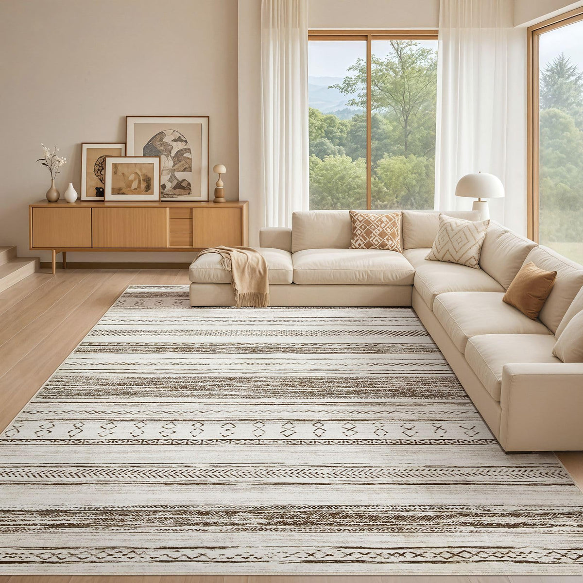 Tortania Area Rug Living Room Rugs - 5x7 Washable Large Soft Neutral Boho Moroccan Bohemian Farmhouse Rug Indoor Floor Carpet for Bedroom Under Dining Table Home Office Decor - Cream Brown