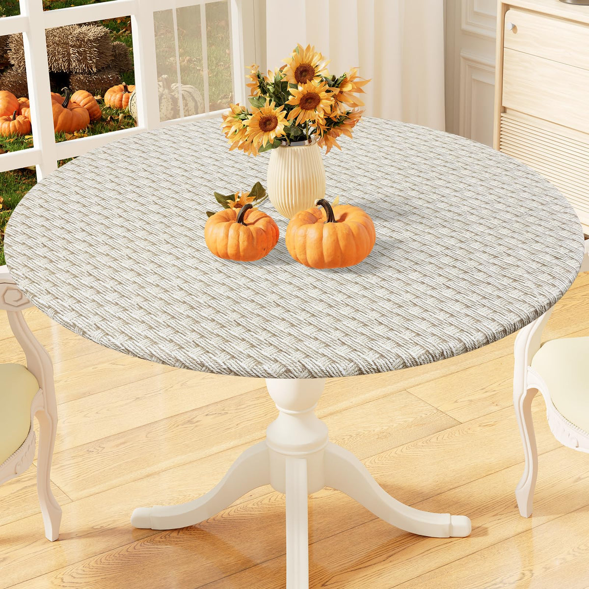 misaya Round Fitted Tablecloth with Elastic Edge, 100% Waterproof Oil Proof Plastic Table Cover, Vinyl Flannel Backed Tablecloth Fits 36"-44" Round Tables for Dinner, Outdoor, Picnic, Flowers