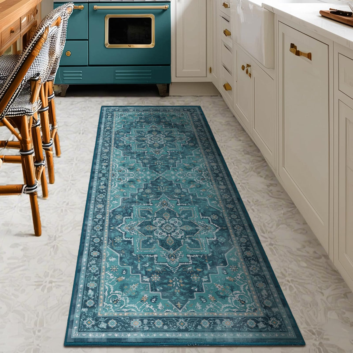 Vintage Dark Green Area Rugs 5x7 for Living Room, Tranditional Distressed Medallion Printed Low Pile Thin Rugs for Bedroom, Non Slip Washable Carpet Rugs for Dining Room/Kitchen/Home Office
