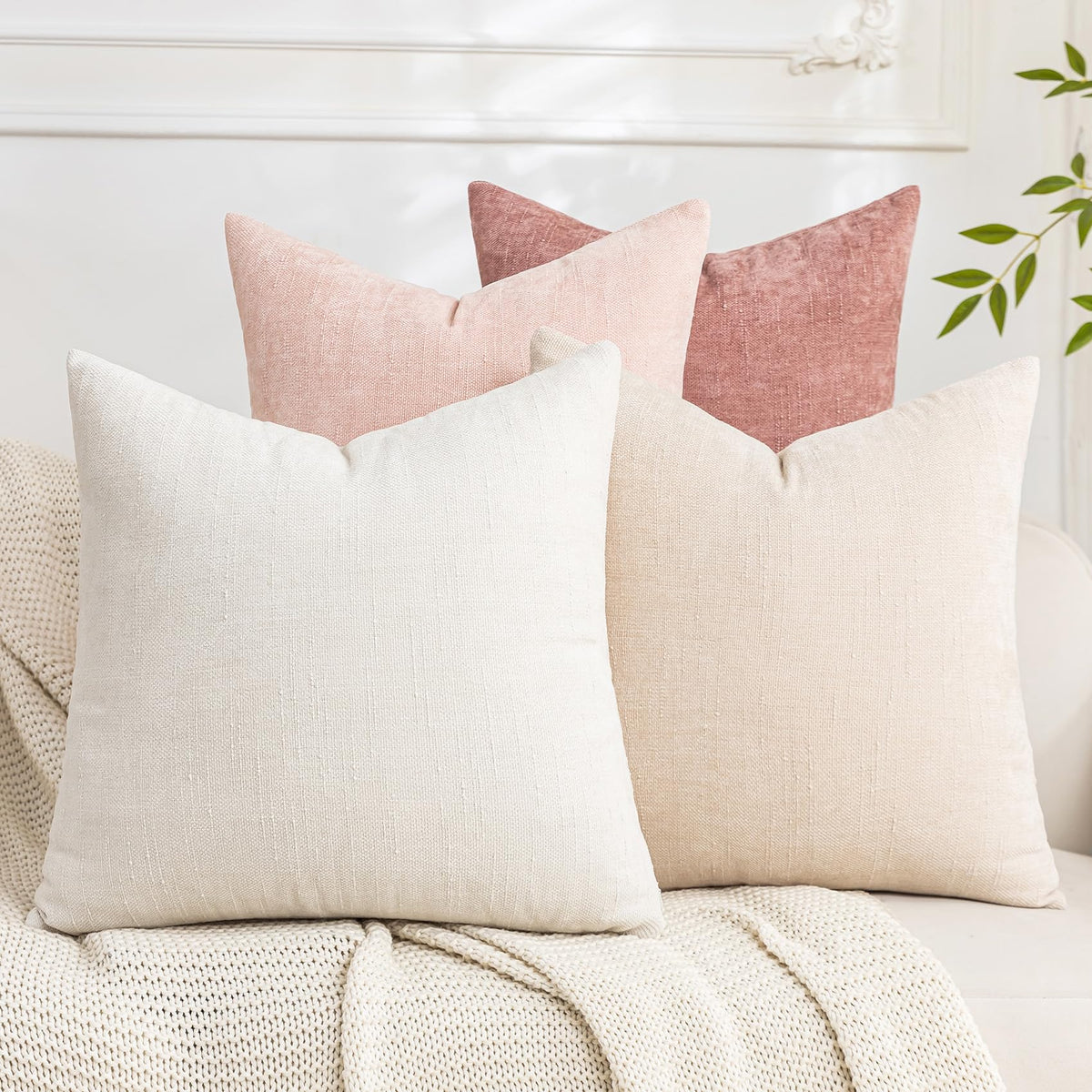 Set of 4 Soft Textured Throw Pillow Covers 18x18 Inch Cozy Decorative Farmhouse Cushion Cover Square Accent Pillow Cases for Bed Couch Sofa Living Room, Beige Taupe Brown