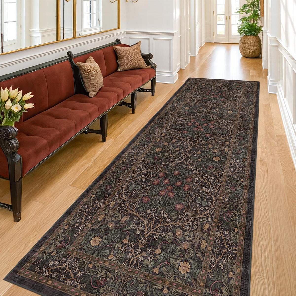 Vintage Floral Dark Green 3x5 Area Rugs for Entryway, Kitchen, Bedroom Beside Rug, Laundry Room, Non-Slip Low Pile Ultra Soft Stain Resistant Small Carpet