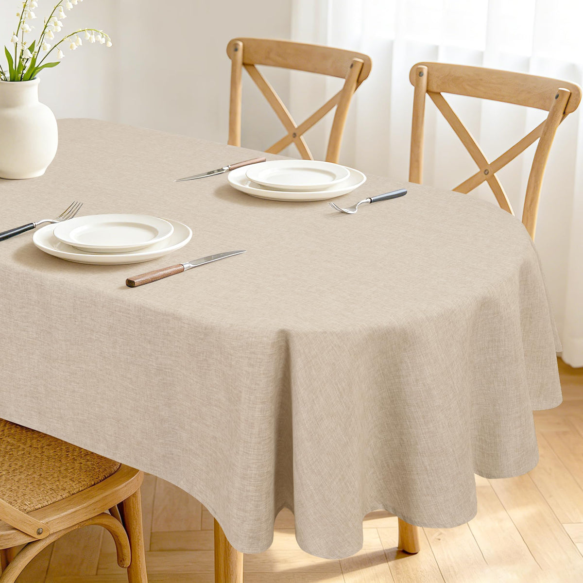 Hiasan Beige Faux Linen Rectangle Tablecloth 54 x 80 Inch for Dining Room