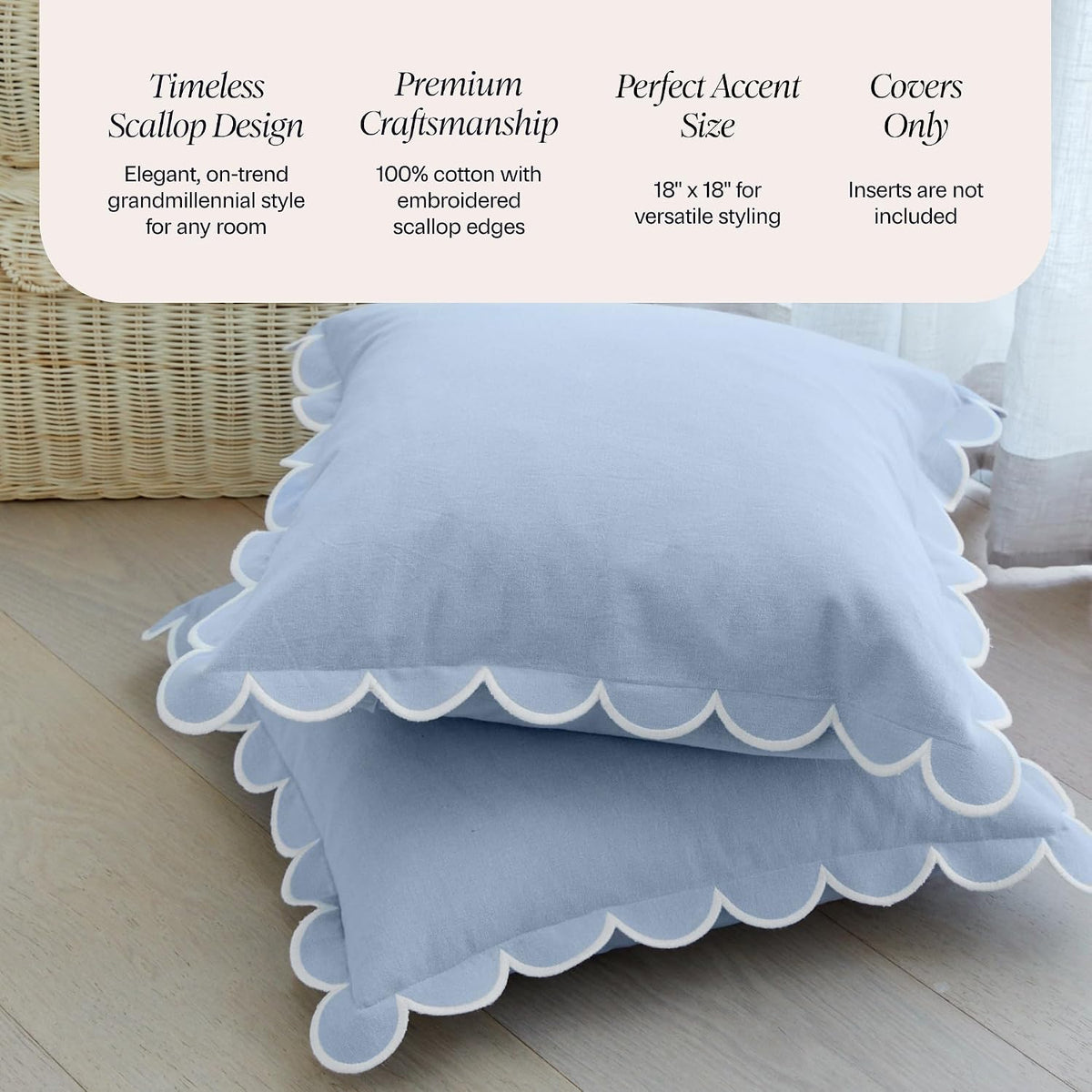 BEBE BASK Scalloped Pillow Cover Set of 2, 18x18, Cotton - Sky Blue/White