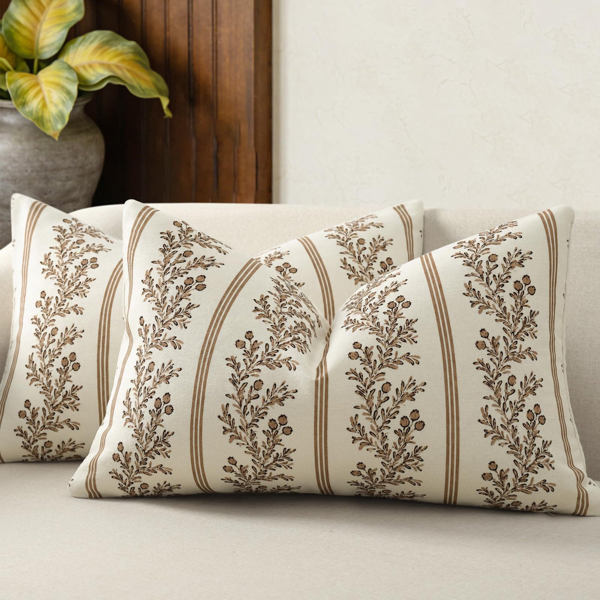 Vintage Throw Pillow Covers 18x18 Set of 2, Striped Floral Pillow Cover Botanical Patterned Decorative Cushion Covers Modern Farmhouse Home Decor for Sofa Couch Bed Living Room, Light Blue