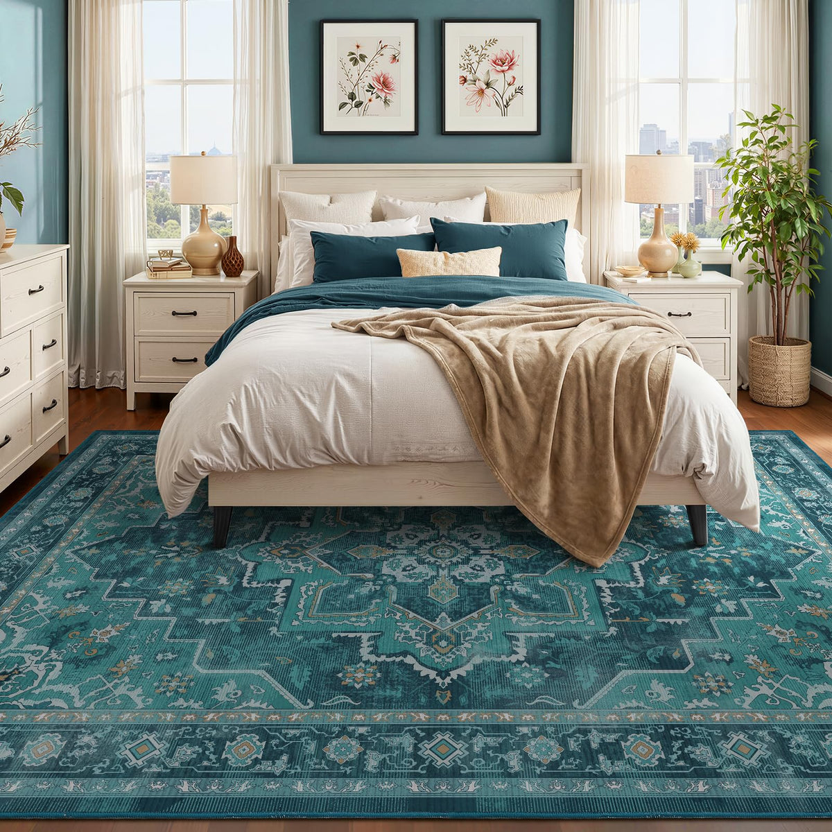 Vintage Dark Green Area Rugs 5x7 for Living Room, Tranditional Distressed Medallion Printed Low Pile Thin Rugs for Bedroom, Non Slip Washable Carpet Rugs for Dining Room/Kitchen/Home Office