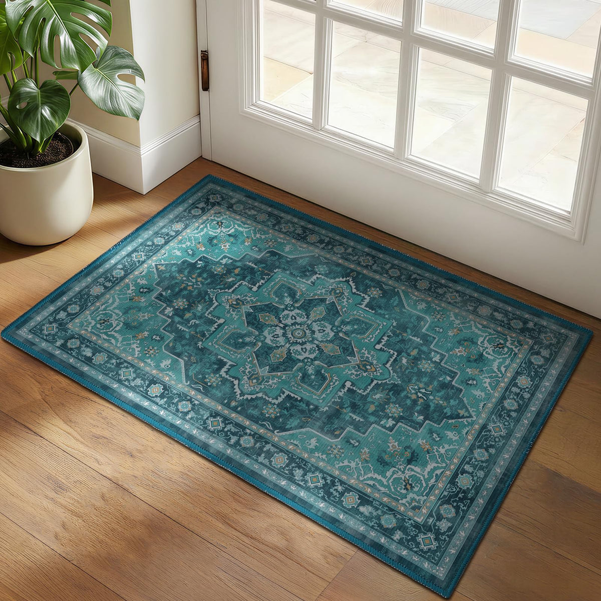 Vintage Dark Green Area Rugs 5x7 for Living Room, Tranditional Distressed Medallion Printed Low Pile Thin Rugs for Bedroom, Non Slip Washable Carpet Rugs for Dining Room/Kitchen/Home Office