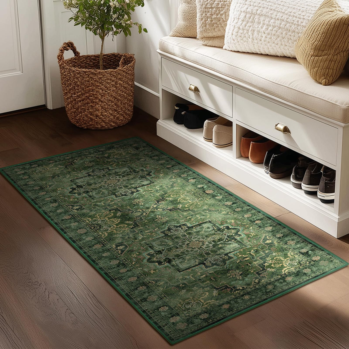 Vintage Dark Green Area Rugs 5x7 for Living Room, Tranditional Distressed Medallion Printed Low Pile Thin Rugs for Bedroom, Non Slip Washable Carpet Rugs for Dining Room/Kitchen/Home Office