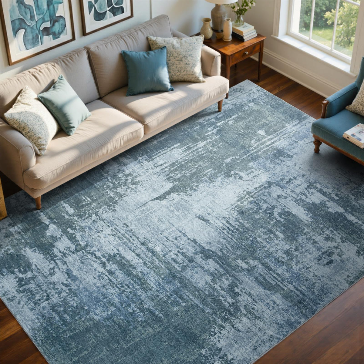 6x9 Ft Large Area Rugs for Living Room, Soft Non-Slip Washable Rugs Modern Abstract Pattern Carpet for Bedroom Indoor Floor Nursery Home Decor (Blue)