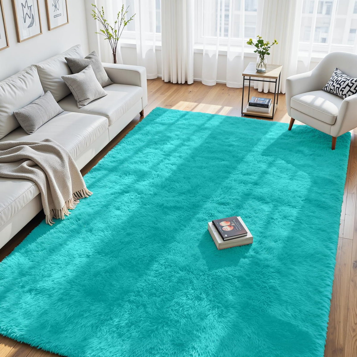 8x10 Fluffy Area Rug for Living Room: Soft Non-Slip Black Bedroom Carpet