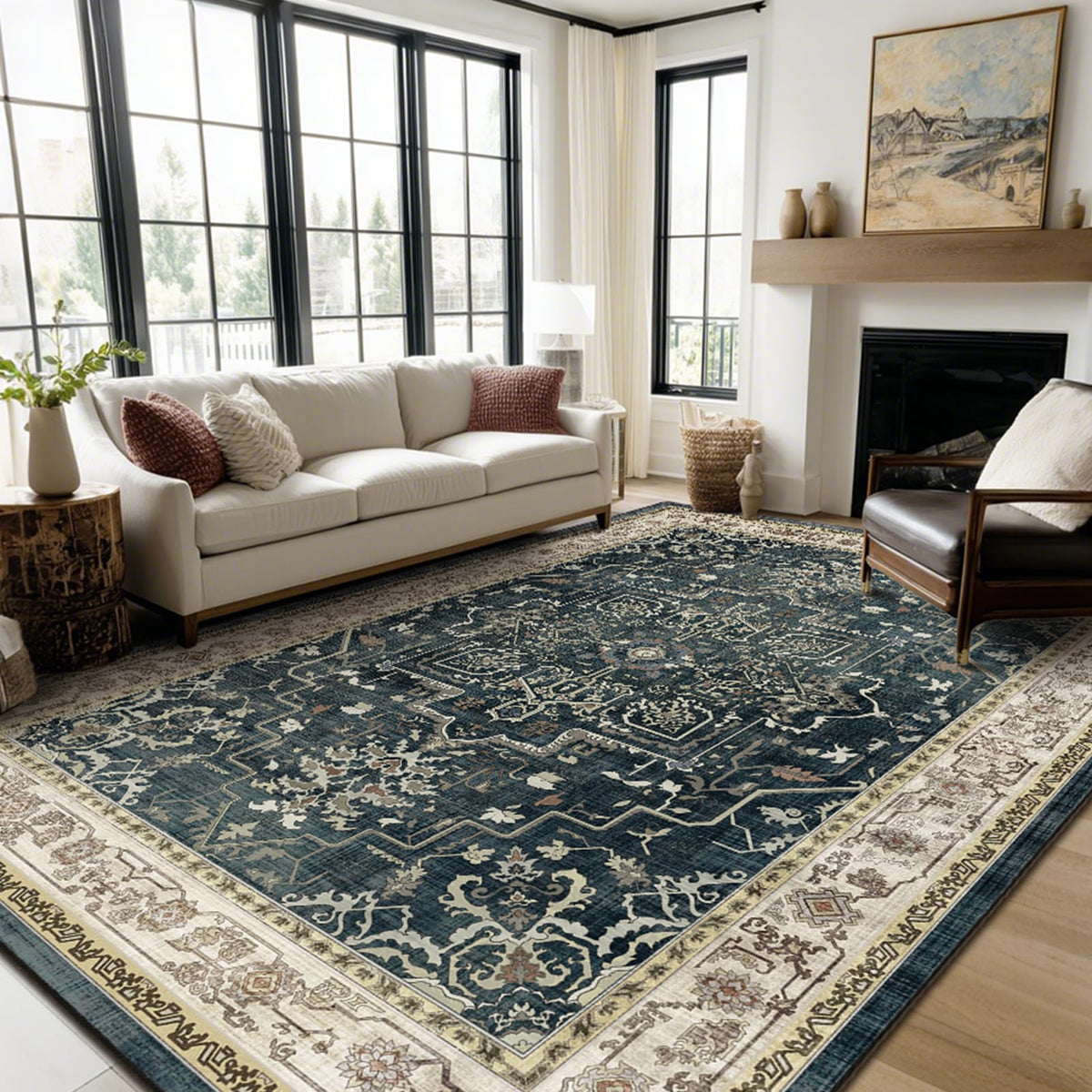 Vintage Dark Green Area Rugs 5x7 for Living Room, Tranditional Distressed Medallion Printed Low Pile Thin Rugs for Bedroom, Non Slip Washable Carpet Rugs for Dining Room/Kitchen/Home Office