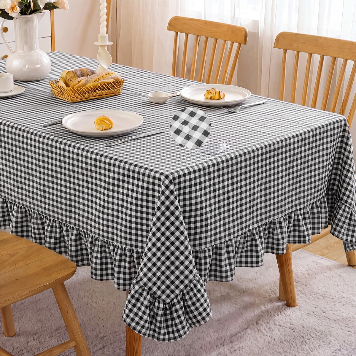 Mindsoft Brown Ruffled Gingham Tablecloth, 52 x 70 Inches, Rectangle