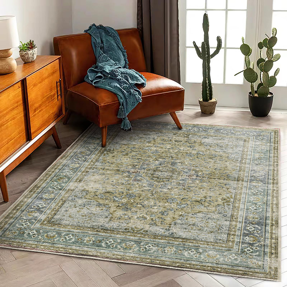 CHAMPLANT 6'x9' Washable Vintage Area Rug Boho Chic Medallion Distressed Design Non-Shedding Easy Care Ideal for High Traffic Areas in Living Room Bedroom Kitchen Office Large Carpet