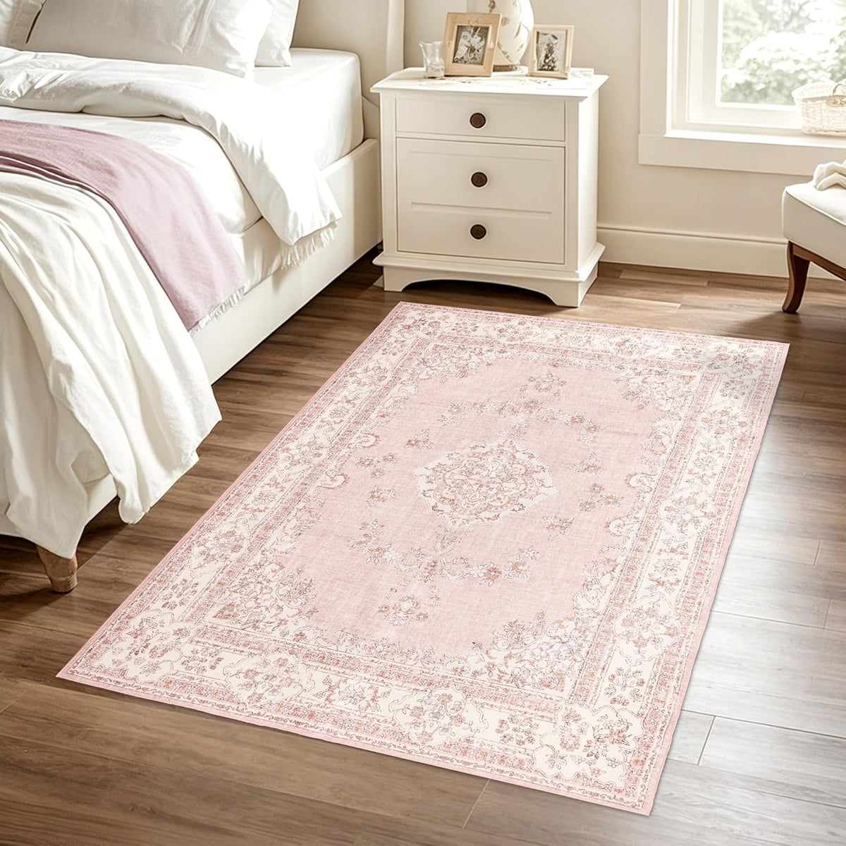Soft Pink Rug for Girls Room: 5x8 Vintage Washable Carpet Bedroom Nursery