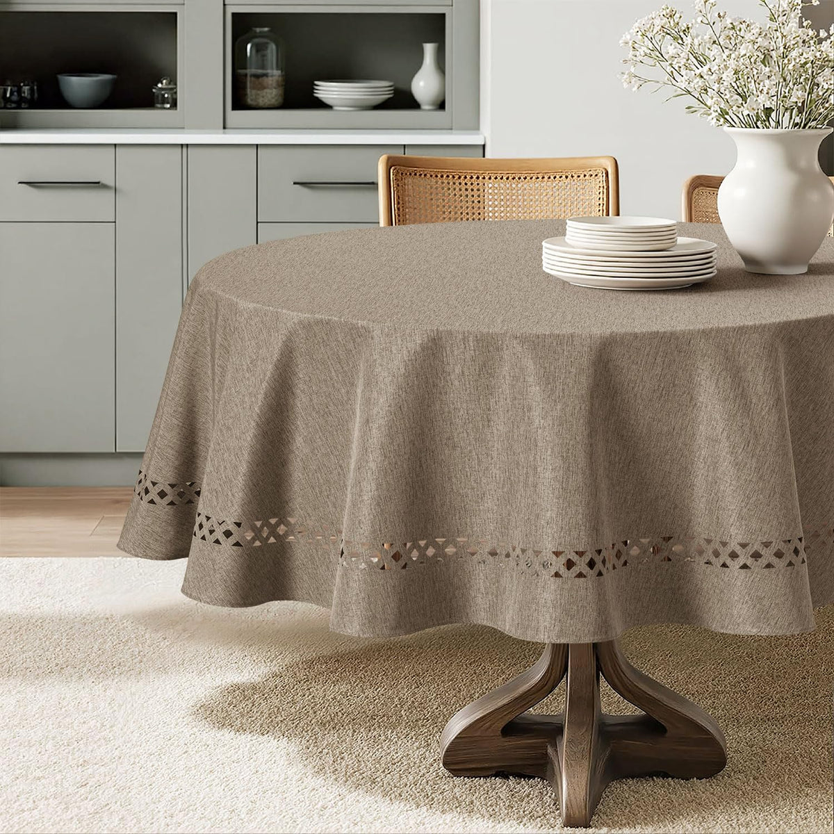 MIULEE Beige Rectangle Tablecloth with Decorative Cutouts 60x104 inch