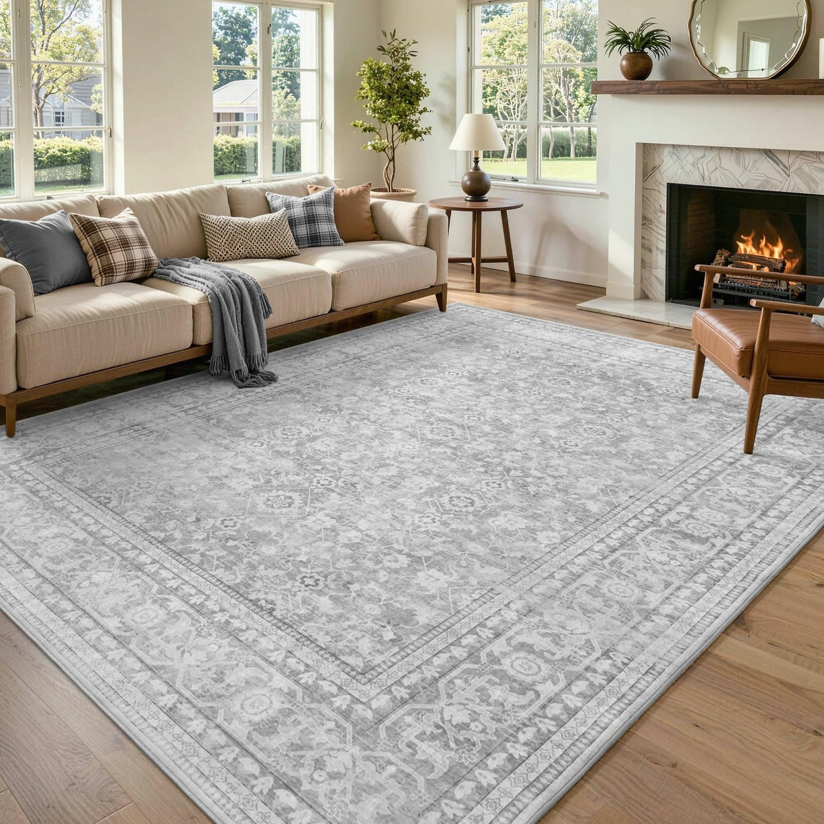 6x9 Ft Large Area Rugs for Living Room, Soft Non-Slip Machine Washable Rug, Vintage Stain Resistant Carpets for Bedroom Nursery Dining Room Home Decor (Beige)