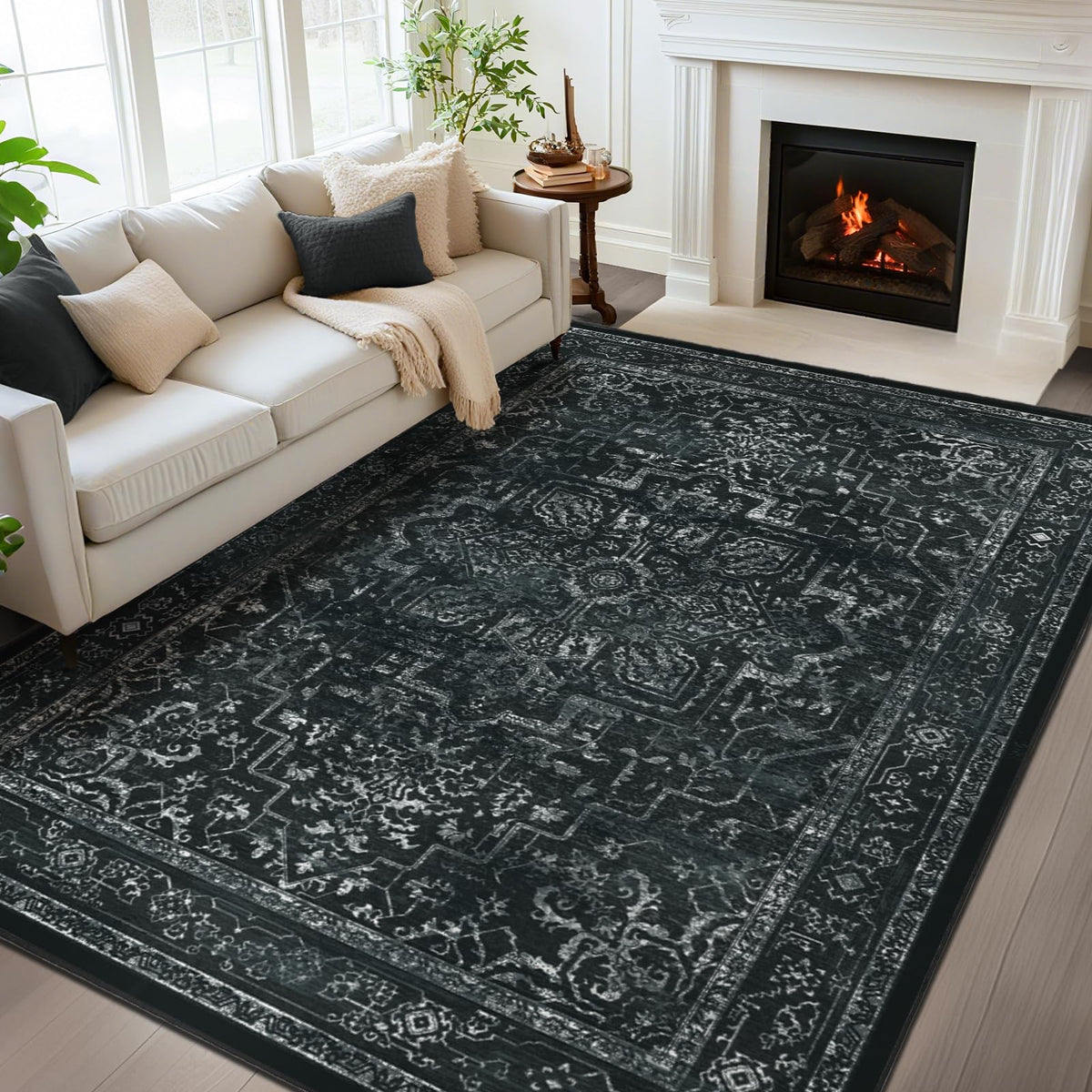 Vintage Dark Green Area Rugs 5x7 for Living Room, Tranditional Distressed Medallion Printed Low Pile Thin Rugs for Bedroom, Non Slip Washable Carpet Rugs for Dining Room/Kitchen/Home Office
