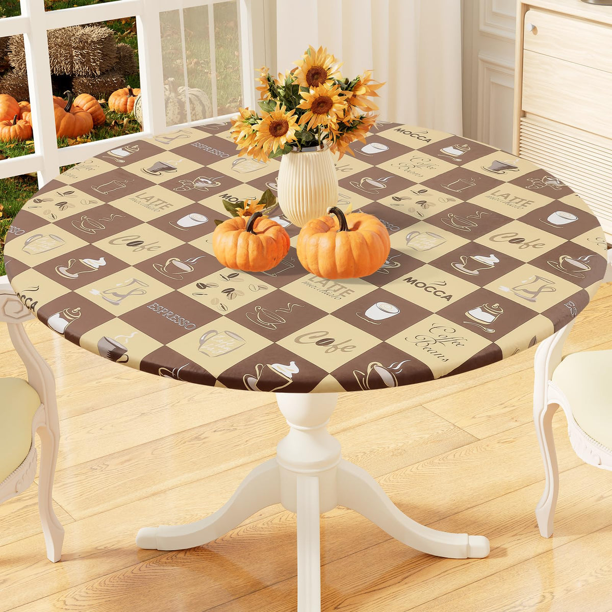 misaya Round Fitted Tablecloth with Elastic Edge, 100% Waterproof Oil Proof Plastic Table Cover, Vinyl Flannel Backed Tablecloth Fits 36"-44" Round Tables for Dinner, Outdoor, Picnic, Flowers